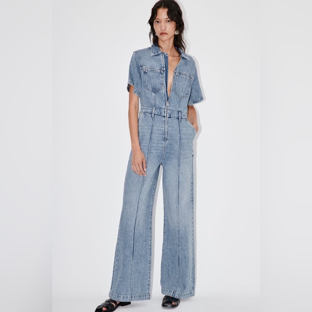 Zara Denim Short Sleeve Wide Leg‎ Jean Jumpsuit Size Small